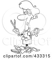 Royalty Free RF Clipart Illustration Of Coloring Page Line Art Of A Woman Holding Tape And Scissors And Standing In Paper Scraps by toonaday