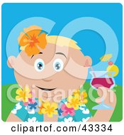 Poster, Art Print Of Caucasian Man In A Hawaiian Lei Drinking A Cocktail On Vacation