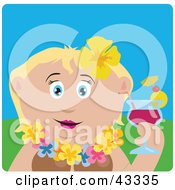 Poster, Art Print Of Caucasian Woman In A Hawaiian Lei Drinking A Cocktail On Vacation