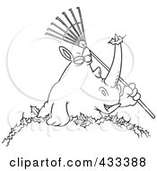 Coloring Page Line Art Of A Rhino Holding A Rake In A Pile Of Leaves