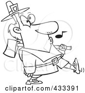 Royalty Free RF Clipart Illustration Of Coloring Page Line Art Of A Whistling Pilgrim Carrying An Ax Over His Shoulder
