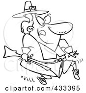 Poster, Art Print Of Coloring Page Line Art Of A Cartoon Pilgrim Tip Toeing And Carrying A Blunderbuss