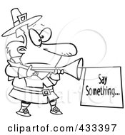 Royalty Free RF Clipart Illustration Of Coloring Page Line Art Of A Cartoon Pilgrim With A Blunderbuss And Sign by toonaday