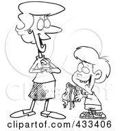Royalty Free RF Clipart Illustration Of Coloring Page Line Art Of A Boy Giving His Mom A Messy Gift by toonaday