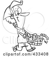 Royalty Free RF Clipart Illustration Of Coloring Page Line Art Of A Woman Carrying A Harvest Basket