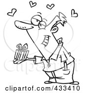 Royalty Free RF Clipart Illustration Of Coloring Page Line Art Of A Man Holding A Valentines Day Gift