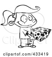 Royalty Free RF Clipart Illustration Of Coloring Page Line Art Of A Sweet Girl Holding A Gift Box