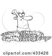Royalty Free RF Clipart Illustration Of Coloring Page Line Art Of A Man Crying In A Pile Of Autumn Leaves by toonaday