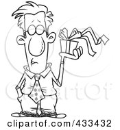 Royalty Free RF Clipart Illustration Of Coloring Page Line Art Of A Man Holding A Gift Box