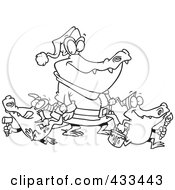 Poster, Art Print Of Coloring Page Line Art Of An Alligator Santa With Little Gator Elves