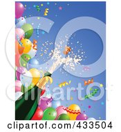 Champagne Bottle Bursting Over Balloons And Confetti Ribbons On Blue