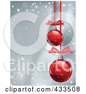 Poster, Art Print Of Gray Christmas Background With Snowflake Waves And Red Baubles