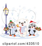 Cute Polar Bear And Two Penguins Singing Christmas Carols On A Winter Night
