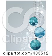 Poster, Art Print Of Gray Christmas Background With Snowflake Waves And Blue Baubles