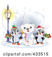 Cute Polar Bear And Two Penguins Singing Christmas Carols On A Wintry Night