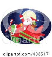 Poster, Art Print Of Santa Flying In Front Of A Full Moon In A Blue Oval