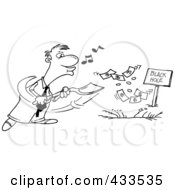 Poster, Art Print Of Coloring Page Line Art Of A Cartoon Businessman Whistling And Burying Money In A Black Hole