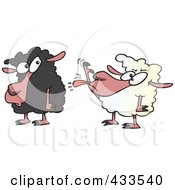 Royalty Free RF Clipart Illustration Of A White Sheep Sticking Its Tongue Out At A Black Sheep by toonaday