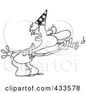 Royalty Free RF Clipart Illustration Of Coloring Page Line Art Of A Cartoon Man Blowing A Party Horn