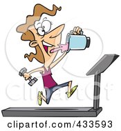 Fit Woman Running On A Treadmill And Drinking Juice From A Blender
