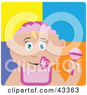 Clipart Illustration Of A Caucasian Baby Girl With A Pacifier Bib And Rattle by Dennis Holmes Designs