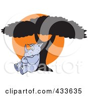 Poster, Art Print Of Pouting Rhino Leaning Against A Tree Against An Orange Sun