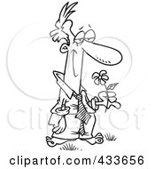 Royalty Free RF Clipart Illustration Of Coloring Page Line Art Of A Blissful Man Standing Barefoot And Holding A Flower by toonaday