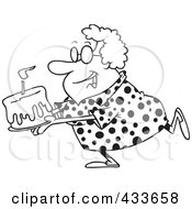 Royalty Free RF Clipart Illustration Of Coloring Page Line Art Of A Happy Grandma Carrying A Birthday Cake