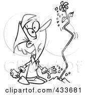 Royalty Free RF Clipart Illustration Of Coloring Page Line Art Of A Surprised Woman Watching A Flower Shoot Out Of The Ground by toonaday