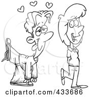 Royalty Free RF Clipart Illustration Of Coloring Page Line Art Of A Boy Going Gaga Over A Girl