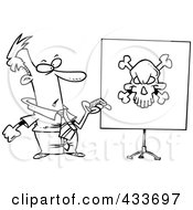 Royalty Free RF Clipart Illustration Of Coloring Page Line Art Of A Man Turning A Projector On And Seeing A Skull