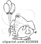 Royalty Free RF Clipart Illustration Of Coloring Page Line Art Of A Grumpy Elephant Holding Balloons