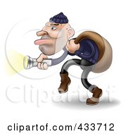 Royalty Free RF Clipart Illustration Of A Robber Carrying A Bag Over His Shoulder And Using A Flashlight by AtStockIllustration