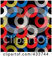Royalty Free RF Clipart Illustration Of A Seamless Background Of Red Yellow White And Blue Transparent Rings Over Black