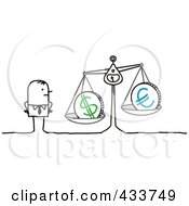 Royalty Free RF Clipart Illustration Of A Stick Businessman Weighing A Dollar And Euro