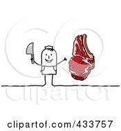 Poster, Art Print Of Stick Man Butcher Holding A Knife And Standing By A Steak