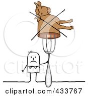 Royalty Free RF Clipart Illustration Of A Stick Man Holding A Crossed Out Cow On A Fork