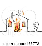 Poster, Art Print Of Stick Man Standing Near His Burning House