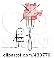 Poster, Art Print Of Stick Man Holding A Crossed Out Pig On A Fork