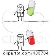 Royalty Free RF Clipart Illustration Of A Digital Collage Of A Stick Man Doctor Holding Green And Red Pills