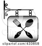 Royalty Free RF Clipart Illustration Of A Grayscale Restaurant Sign With A Fork And Spoon by Pams Clipart