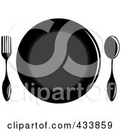 Royalty Free RF Clipart Illustration Of A Black Plate With A Spoon And Fork