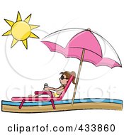 Poster, Art Print Of Brunette Stick Girl Relaxing In A Lounge Chair On The Shore Under A Beach Umbrella