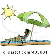 Black Stick Boy Relaxing In A Lounge Chair On The Shore Under A Beach Umbrella
