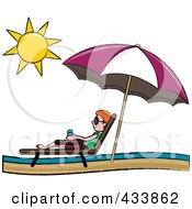 Red Haired Stick Boy Relaxing In A Lounge Chair On The Shore Under A Beach Umbrella