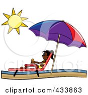 Black Stick Girl Relaxing In A Lounge Chair On The Shore Under A Beach Umbrella