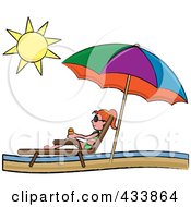 Red Haired Stick Girl Relaxing In A Lounge Chair On The Shore Under A Beach Umbrella