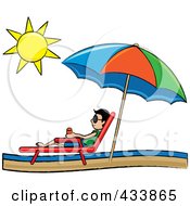 Poster, Art Print Of Stick Asian Boy Relaxing In A Lounge Chair On The Shore Under A Beach Umbrella
