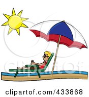 Stick Blond Boy Relaxing In A Lounge Chair On The Shore Under A Beach Umbrella