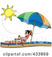 Royalty Free RF Clipart Illustration Of An Asian Stick Girl Relaxing In A Lounge Chair On The Shore Under A Beach Umbrella by Pams Clipart
